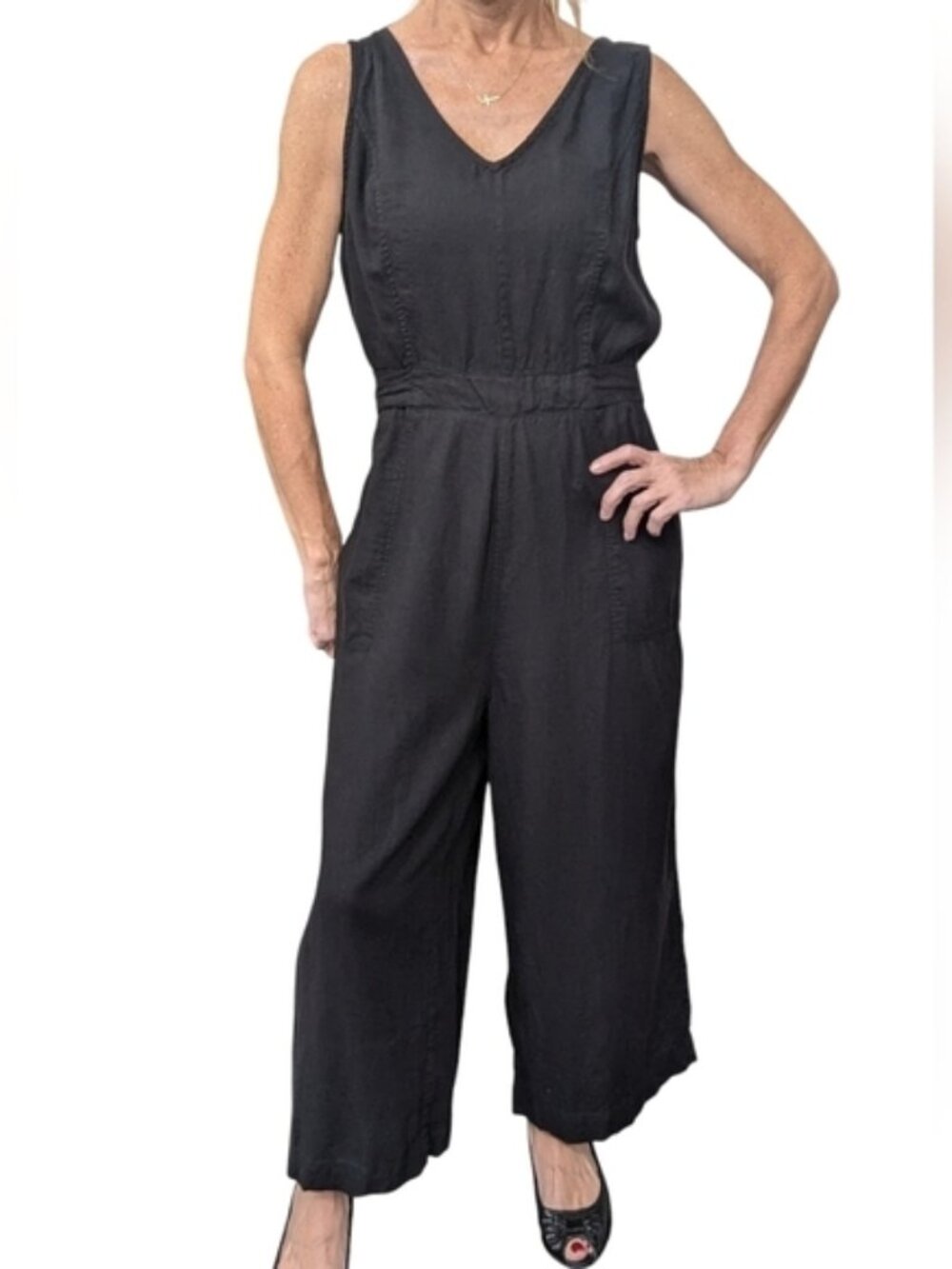 FatFace Aderyn Linen Blend Jumpsuit Black Wide Leg Cropped 10
